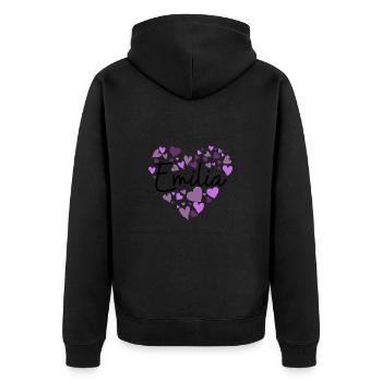 Emilia Namensdesign mit herzförmigen lila Herzen - Unisex Premium Bio Zip Hoodie - Schwarz - Hinten - Nico (187cm)