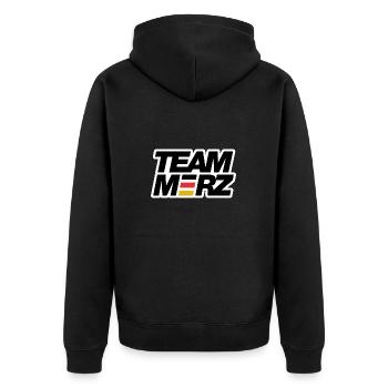 Team Merz - Kanzler - Unisex Premium Bio Zip Hoodie - Schwarz - Hinten - Nico (187cm)