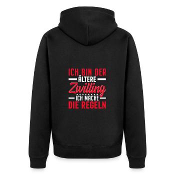 Älterer Zwilling Shirt – Frei und ohne Regeln - Unisex Premium Bio Zip Hoodie - Schwarz - Hinten - Nico (187cm)