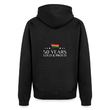 50 Years Loud & Proud Washington D.C. - Unisex Premium Bio Zip Hoodie - Schwarz - Hinten - Nico (187cm)