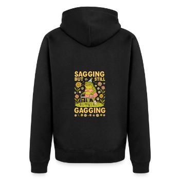 Sagging but Still Gagging – Fun Frog Design - Unisex Premium Bio Zip Hoodie - Schwarz - Hinten - Nico (187cm)