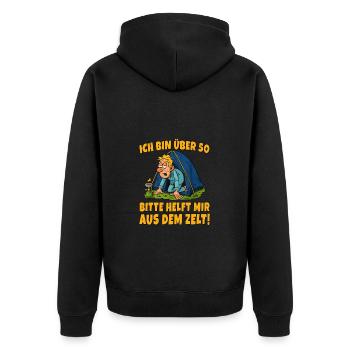 Camping Ü50 – Helft mir aus dem Zelt! - Unisex Premium Bio Zip Hoodie - Schwarz - Hinten - Nico (187cm)