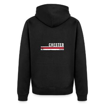 Chester Angleterre Design rétro vintage pour l’histoire - Veste à capuche bio Premium Unisexe - noir - Dos - Nico (187cm)
