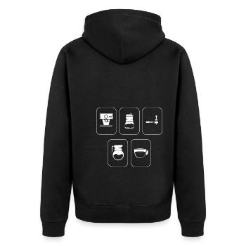 Brauenlabor Kaffeehaus -Mitarbeiter - Unisex Premium Bio Zip Hoodie - Schwarz - Hinten - Nico (187cm)
