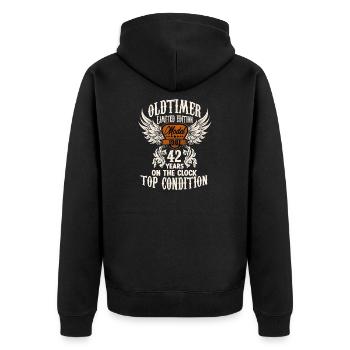 Tenue d’anniversaire de 42 ans pour les fans de voitures anciennes - Veste à capuche bio Premium Unisexe - noir - Dos - Nico (187cm)