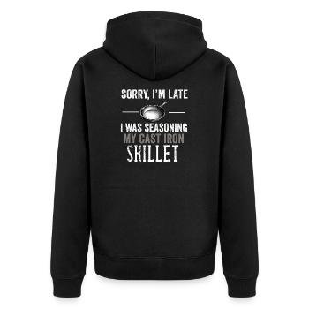 Gusseisen Pfanne Liebhaber Braten Pfanne Lustiges Kochen - Unisex Premium Bio Zip Hoodie - Schwarz - Hinten - Nico (187cm)