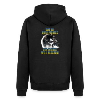 Ukraine T Unterstützung Ukraine Soldaten Stand - Unisex Premium Bio Zip Hoodie - Schwarz - Hinten - Nico (187cm)