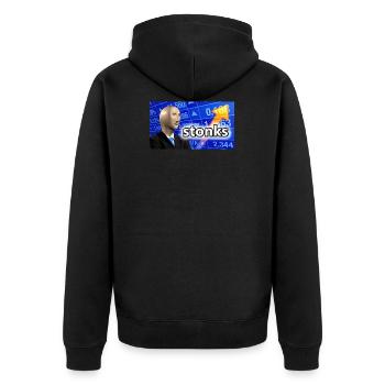 Stonks | Geschenk Meme Lustig Freunde Geschenkidee - Unisex Premium Bio Zip Hoodie - Schwarz - Hinten - Nico (187cm)