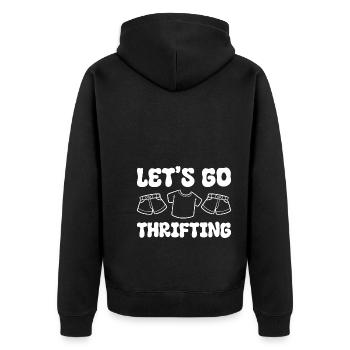 Let's Go Thrifting Sparsamer Sparer - Unisex Premium Bio Zip Hoodie - Schwarz - Hinten - Nico (187cm)