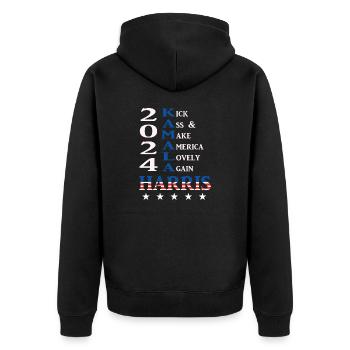Kamala 2024, Kick Ass & Make America Lovely Again - Unisex Premium Organic Zip Hoodie - black - Back - Nico (187cm)