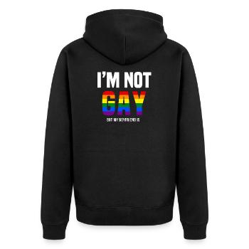 Ich bin nicht schwul, mein Freund ist es. - Unisex Premium Bio Zip Hoodie - Schwarz - Hinten - Nico (187cm)