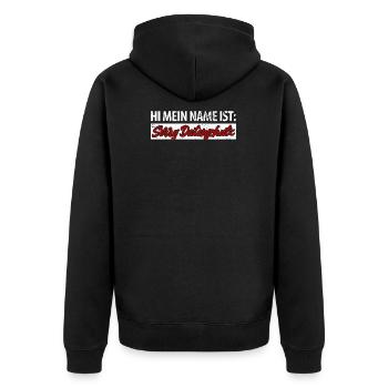 Hi mein Name ist sorry Datenschutz - Unisex Premium Bio Zip Hoodie - Schwarz - Hinten - Nico (187cm)