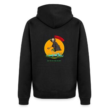Skeleton play surfboard on holiday scary cartoon - Unisex Premium Bio Zip Hoodie - Schwarz - Hinten - Nico (187cm)