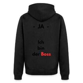 Ja - ich bin der Boss - Unisex Premium Bio Zip Hoodie - Schwarz - Hinten - Nico (187cm)