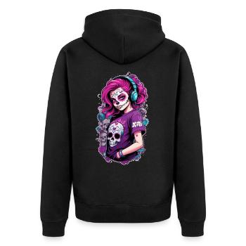 Sugar Skull Girl with Pink Hair & Blue Headphones - Unisex Premium Organic Zip Hoodie - black - Back - Nico (187cm)