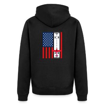 USA Flagge mit Landebahn und Flugzeug Stolze Pilot - Unisex Premium Bio Zip Hoodie - Schwarz - Hinten - Nico (187cm)