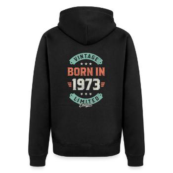 Vintage born in 1973 - Unisex Premium Organic Zip Hoodie - black - Back - Nico (187cm)