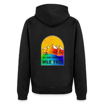 Minimalistische Bergwelten - Outdoor - Wild & Free - Unisex Premium Bio Zip Hoodie - Schwarz - Hinten - Nico (187cm)