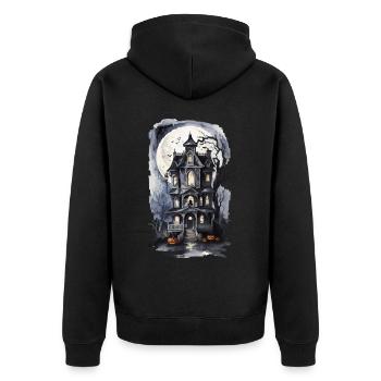 Hexenhaus Vollmond Fledermaus Zauber Kürbis Art - Unisex Premium Bio Zip Hoodie - Schwarz - Hinten - Nico (187cm)