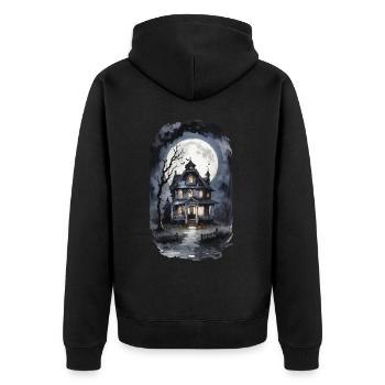 Creepy Geisterhaus Halloween Vintage Grusel - Unisex Premium Bio Zip Hoodie - Schwarz - Hinten - Nico (187cm)