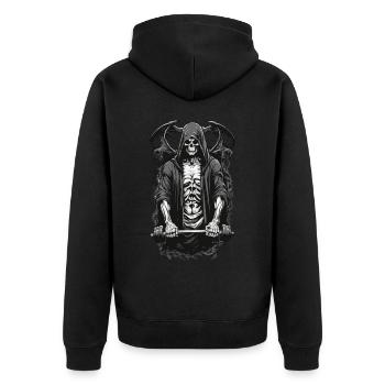 Grim Reaper Bodybuilder Fitness Motiv - Unisex Premium Bio Zip Hoodie - Schwarz - Hinten - Nico (187cm)
