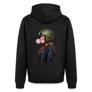 Coole Motorradfahrerin Bikerin kaut Kaugummi - Unisex Premium Bio Zip Hoodie - Schwarz - Hinten - Nico (187cm)