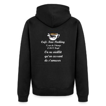 Logo Café New Parking Adresse - Veste à capuche bio Premium Unisexe - noir - Dos - Nico (187cm)