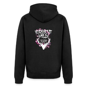 vorsicht wild,geweih,hirsch,dirndl is kaputt, - Unisex Premium Bio Zip Hoodie - Schwarz - Hinten - Nico (187cm)