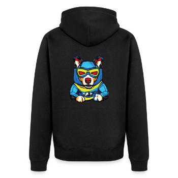 Superhelden Hund im Pop-Up-Stil - KI Kunst - Unisex Premium Bio Zip Hoodie - Schwarz - Hinten - Nico (187cm)