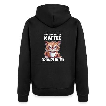 Geschenk für Katzenbesitzer und Morgenmuffel - Unisex Premium Bio Zip Hoodie - Schwarz - Hinten - Nico (187cm)
