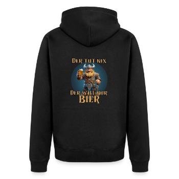 Lustiger Wikinger, er tut nix, der will nur bier - Unisex Premium Bio Zip Hoodie - Schwarz - Hinten - Nico (187cm)