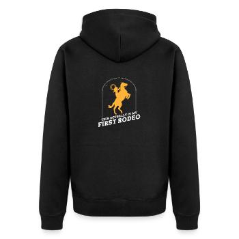 Das ist tatsächlich mein erstes Rodeo - Unisex Premium Bio Zip Hoodie - Schwarz - Hinten - Nico (187cm)