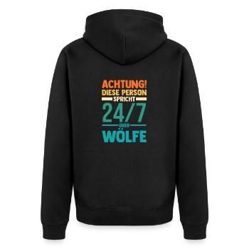Tier Waldtier Wolf - Unisex Premium Bio Zip Hoodie - Schwarz - Hinten - Nico (187cm)