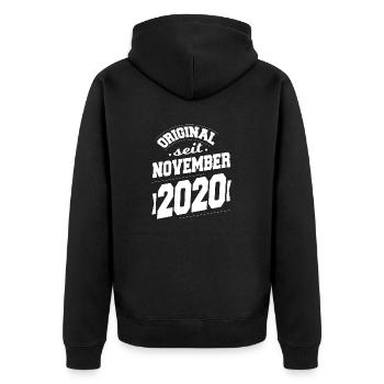 November 2020 Original seit 3 Jahren Mann Frau - Unisex Premium Bio Zip Hoodie - Schwarz - Hinten - Nico (187cm)