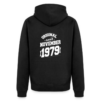November 1979 Original seit 44 Jahren Mann Frau - Unisex Premium Bio Zip Hoodie - Schwarz - Hinten - Nico (187cm)