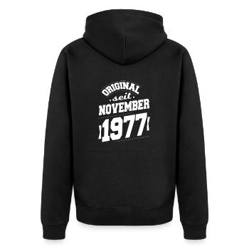 November 1977 Original seit 46 Jahren Mann Frau - Unisex Premium Bio Zip Hoodie - Schwarz - Hinten - Nico (187cm)