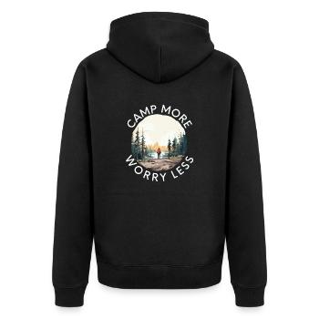 Campen Sie mehr Sorgen weniger - Unisex Premium Bio Zip Hoodie - Schwarz - Hinten - Nico (187cm)