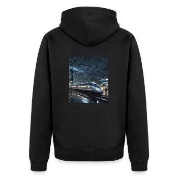 Nacht Tokio Zug - Unisex Premium Bio Zip Hoodie - Schwarz - Hinten - Nico (187cm)