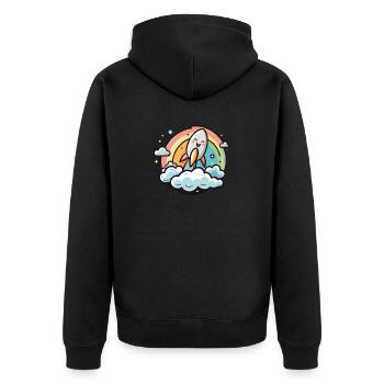 Fröhliche Rakete mit Regenbogen - Unisex Premium Bio Zip Hoodie - Schwarz - Hinten - Nico (187cm)