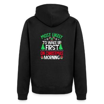 Am ehesten werden Sie am Weihnachtsmorgen zuerst aufwachen - Unisex Premium Bio Zip Hoodie - Schwarz - Hinten - Nico (187cm)