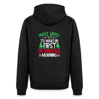 Am ehesten werden Sie am Weihnachtsmorgen zuerst aufwachen - Unisex Premium Bio Zip Hoodie - Schwarz - Hinten - Nico (187cm)