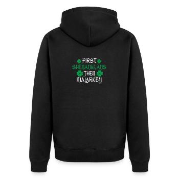 First Shenanigans then Malarkey Funny Irish - Unisex Premium Organic Zip Hoodie - black - Back - Nico (187cm)