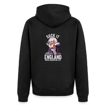 Suck It England Lustig 4. Juli George - Unisex Premium Bio Zip Hoodie - Schwarz - Hinten - Nico (187cm)