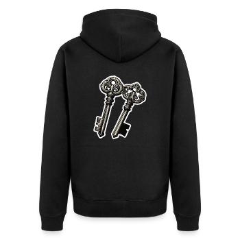 Schlüssel / Schloss / verschlossen / Sicherheit - Unisex Premium Bio Zip Hoodie - Schwarz - Hinten - Nico (187cm)