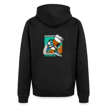 Coffee Gift: I Run On Coffee And Sarcasm - Unisex Premium Organic Zip Hoodie - black - Back - Nico (187cm)