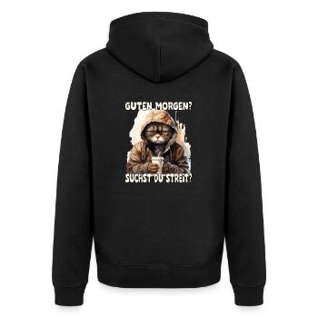 Lustiger Spruch, Guten Morgen? suchst du Streit? - Unisex Premium Bio Zip Hoodie - Schwarz - Hinten - Nico (187cm)