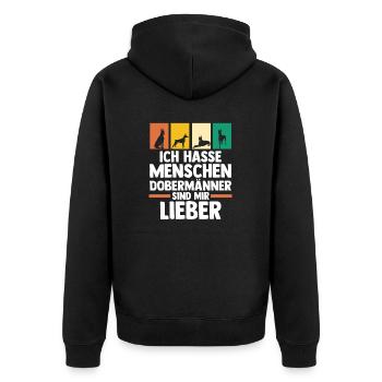Hund Dobermann - Unisex Premium Bio Zip Hoodie - Schwarz - Hinten - Nico (187cm)