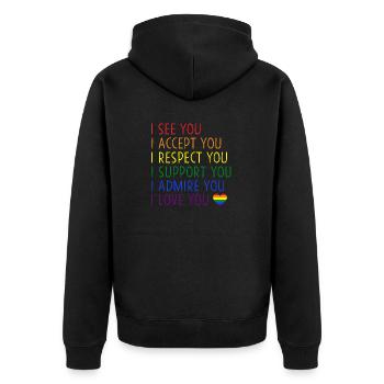 Ich sehe, akzeptiere, respektiere, unterstütze, bewundere, liebe dich, LGBTQ - Unisex Premium Bio Zip Hoodie - Schwarz - Hinten - Nico (187cm)