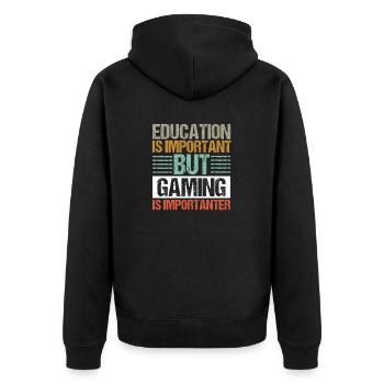 Bildung ist wichtig, aber Gaming ist wichtiger - Unisex Premium Bio Zip Hoodie - Schwarz - Hinten - Nico (187cm)