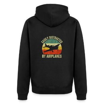 Easily Distracted by Airplanes - Unisex Premium Bio Zip Hoodie - Schwarz - Hinten - Nico (187cm)